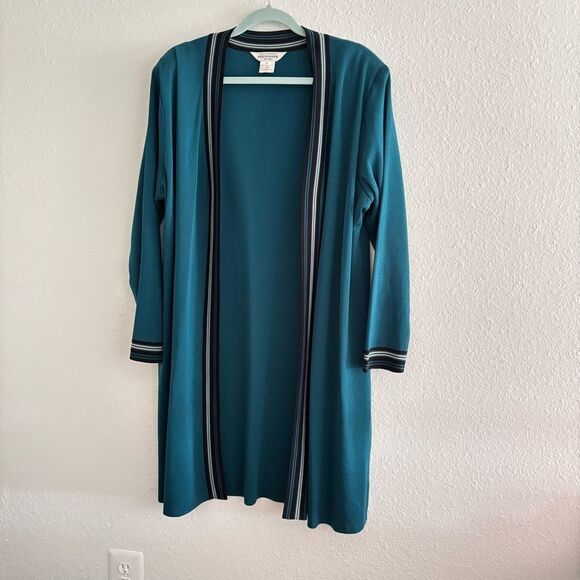Misook Woman Teal Black Trim Knit Open Front Cardigan Jacket Sz 2XL - Picture 1 of 4